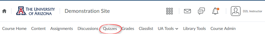 location of quizzes tab in the course navigation bar