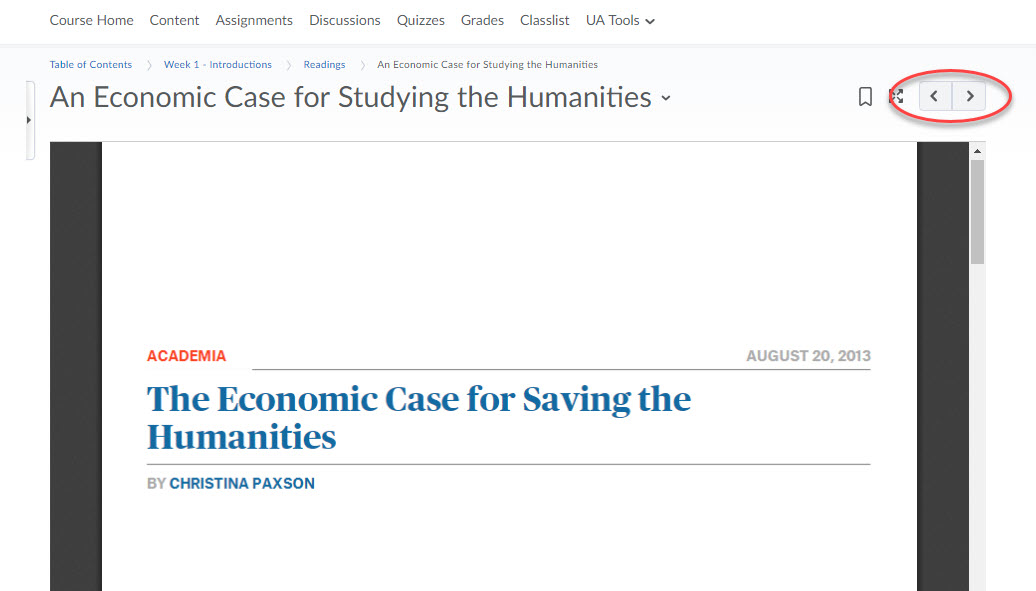 image of an open topic with the navigatin arrows at top right circled