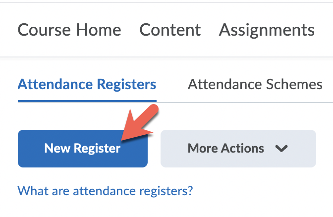 The New Register button located in the Attendance Registers tab in the Attendance tool