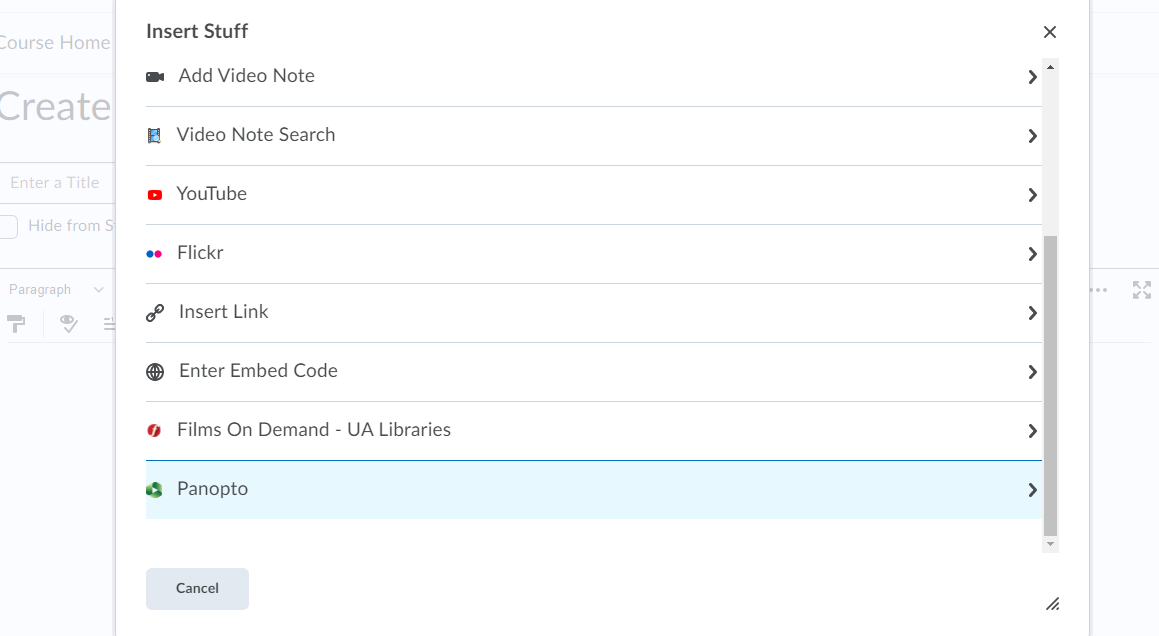 Menu for Insert Stuff with last item - Panopto - highlighted