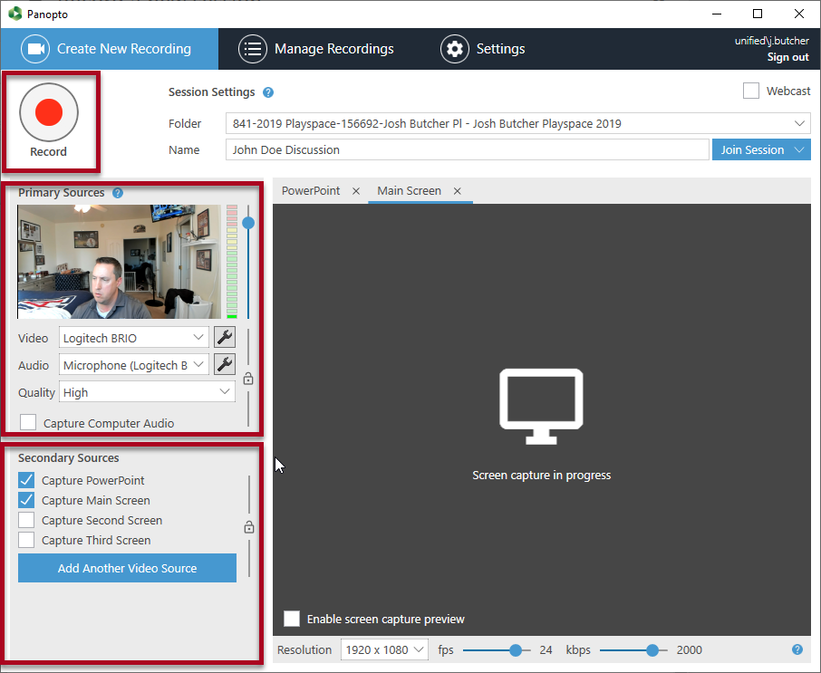 Panopto Recorder Interface