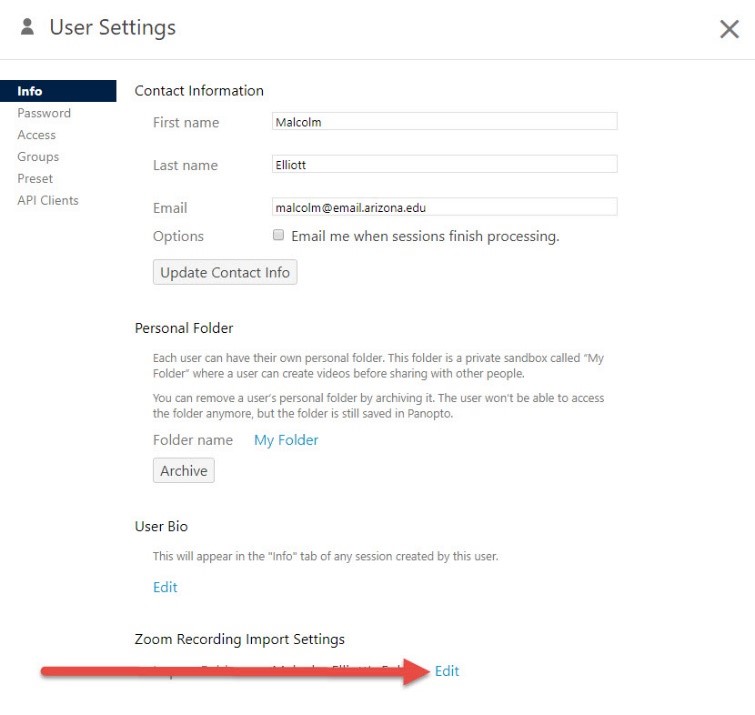 Panopto User Settings Edit button