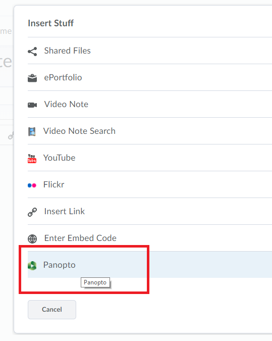 Panopto option within Insert Stuff