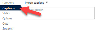 Panopto menu with arrow pointing to captions option