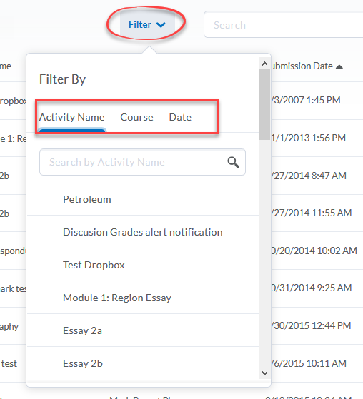 screnshot of the Filter by options that appear after selecting the filter button.