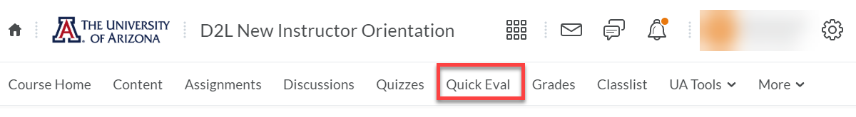 D2L course navbar with the Quick Eval link circled in red.