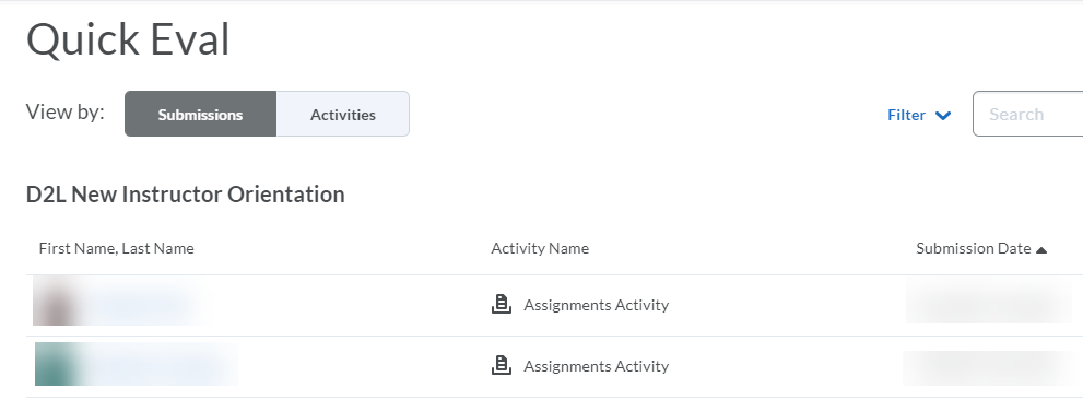 Shows the Submissions view of the Quick Eval screen, with two students listed.