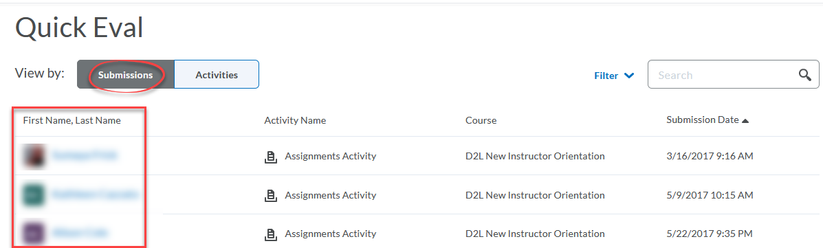 screenshot of quick eval screen witth view by submissions option selected, list of students circled