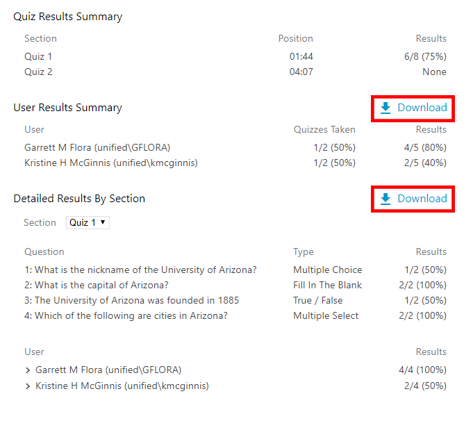 Quiz Results Downloads