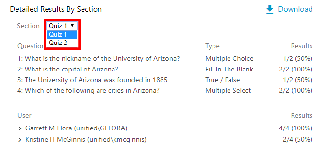Quiz Section Results