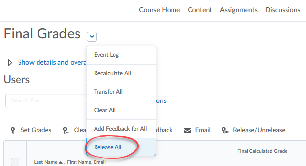 Colntext Menu of Final Grades page with Release all circled