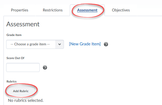 Add Rubric and Assessment tab circled within Edit Topic.