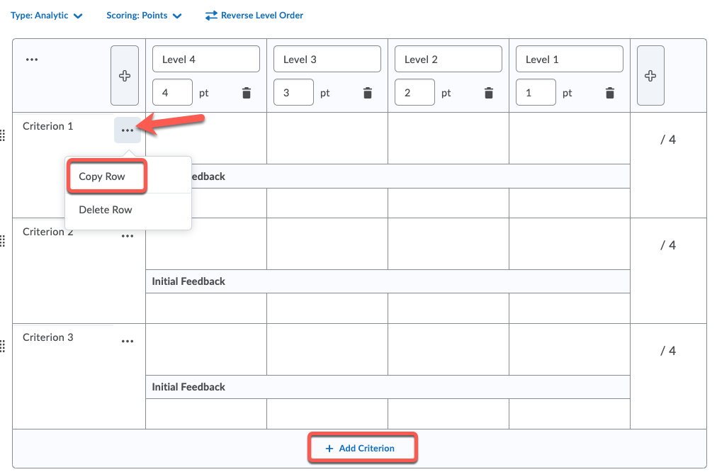 To add new criteria, click the Add Criterion button or click the three dots next to an existing criterion and select Copy Row