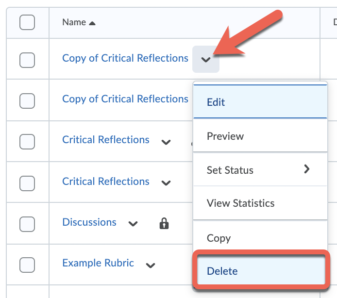 Click the action menu next to the rubric title and select Delete