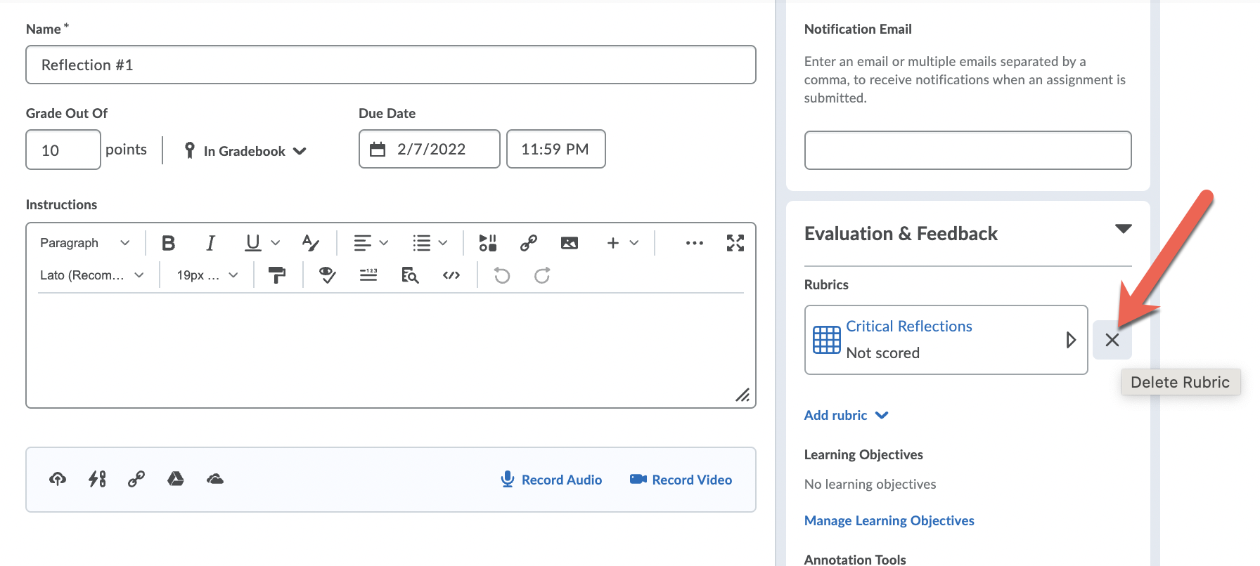 To delete a rubric from an Assignment, for example, click the X next to the rubric name in the Evaluation and Feedback panel