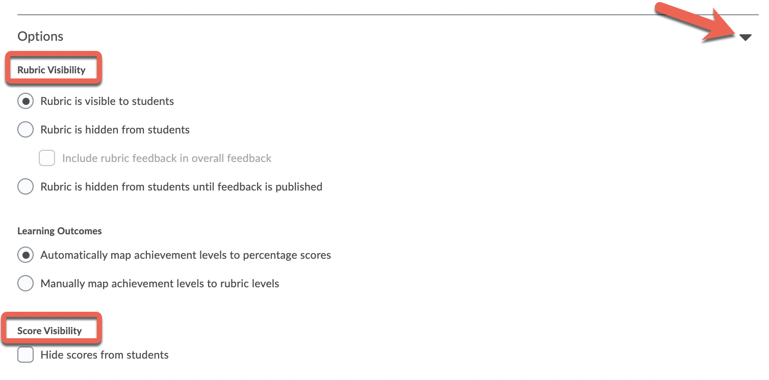 Expand the Options menu to customize the visibility and other details of the rubric