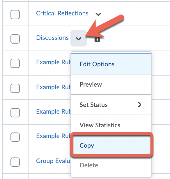 Click the action menu next to the rubric and select Copy