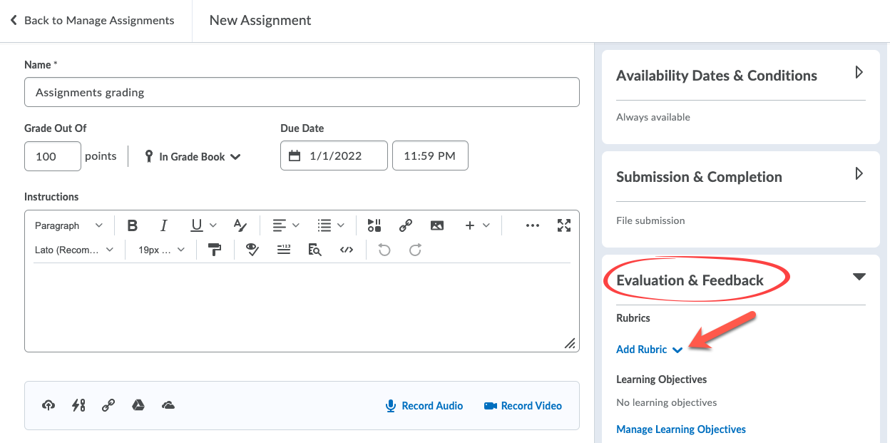 Evaluation & feedback section indicating location of add rubric function