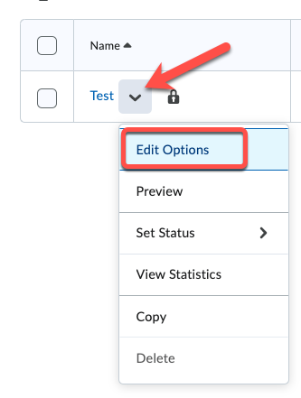 Arrow indicating to click the down arrow next to a rubric name to open the action menu and a circle indicating to click "Edit Options" at the top of the menu.