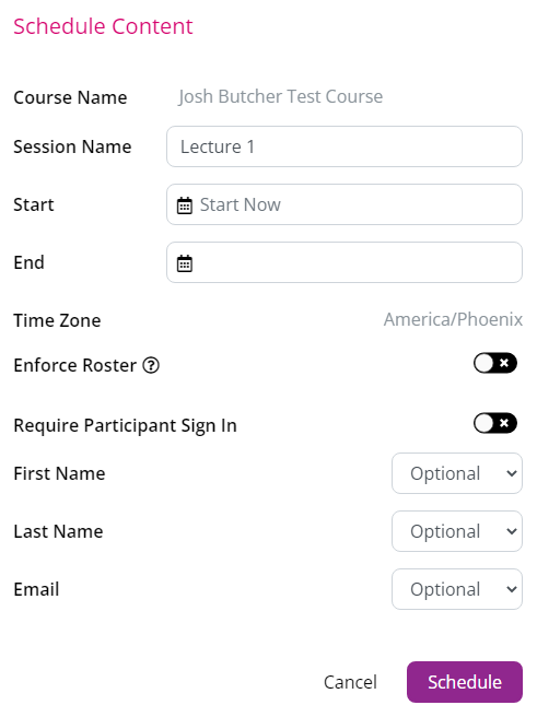 Schedule Content Options