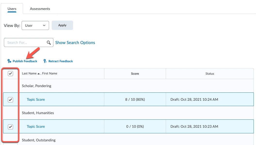 Select specific scores to publish using the checkboxes and click Publish Feedback