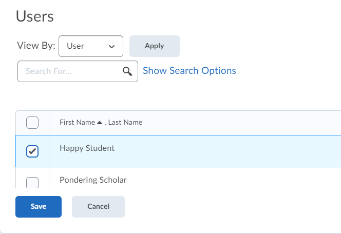 Shows a student (Happy Student) selected via checkbox on the Special Access Users screen.