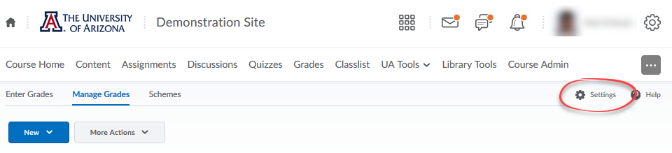 image of manage grades page with settings link circled