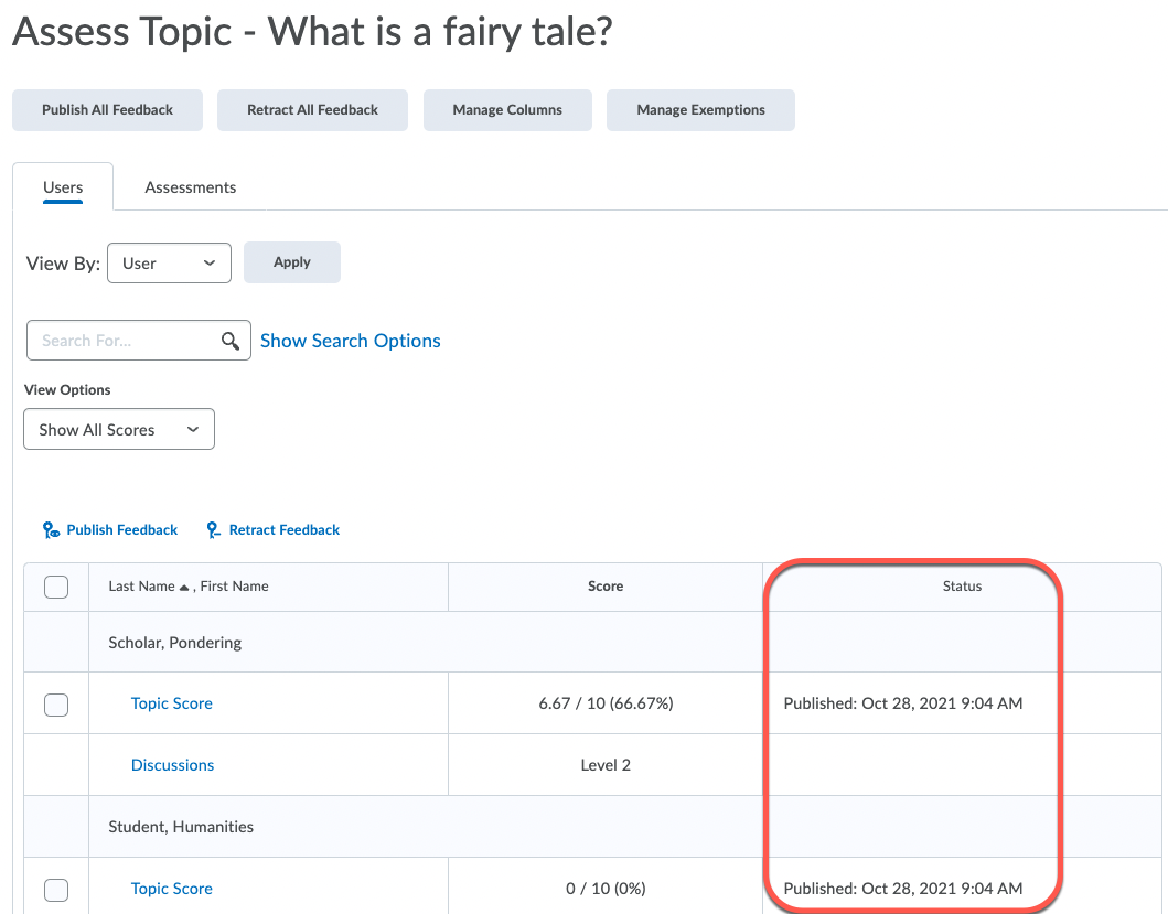 Status column will read as "Published" once scores are published