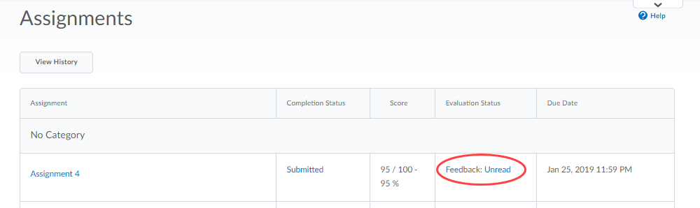 Screenshot of Assignments page with feedback link circled.