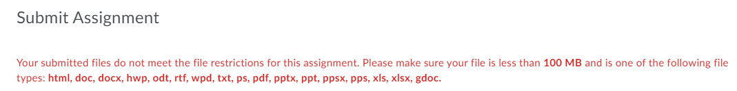 Shows the file restriction error, which states: Your submitted files do not meet the file restrictions for this assignment. Please make sure your file is less than 100 MB and is one of the following file types: html, doc, docx, hwp, odt, rtf, wpd, txt, ps, pdf, pptx, ppt, ppsx, pps, xls, xlsx, gdoc.