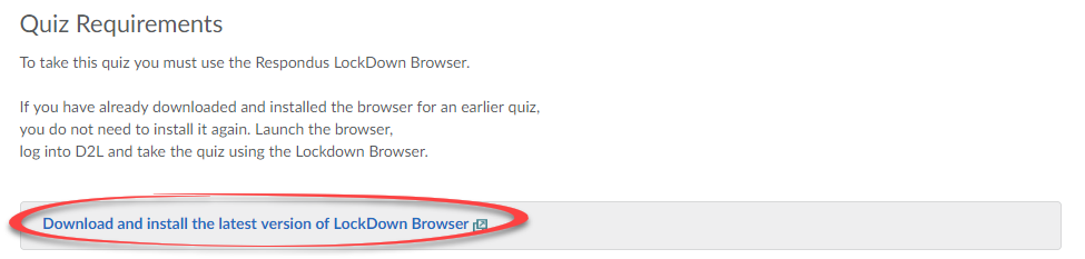 Screenshot of quiz with the option to download Respondus Lockdown Browser.
