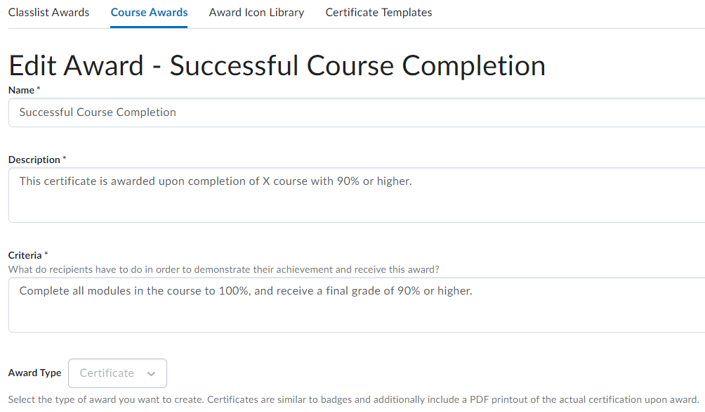 Successful Course Completion Certificate: Name, Description, Criteria and Award Type