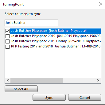 Select Courses to Sync Window