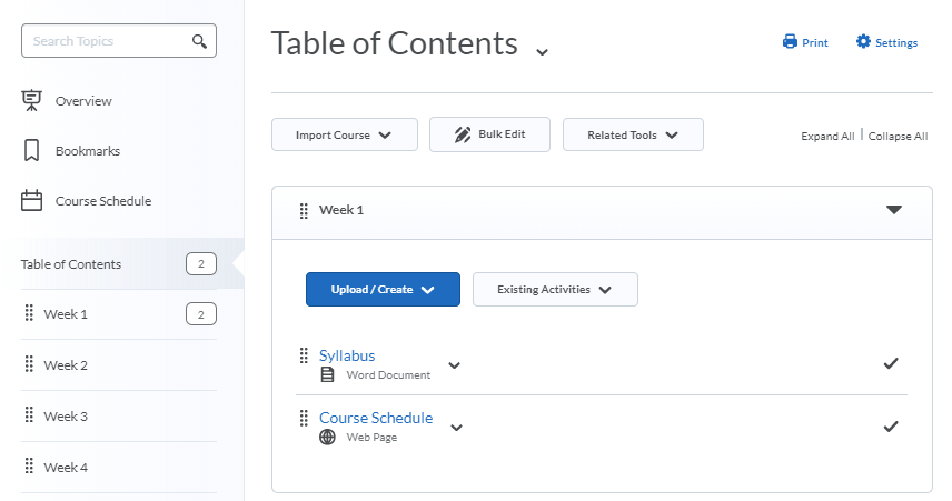 Example table of contents in the Content tool.