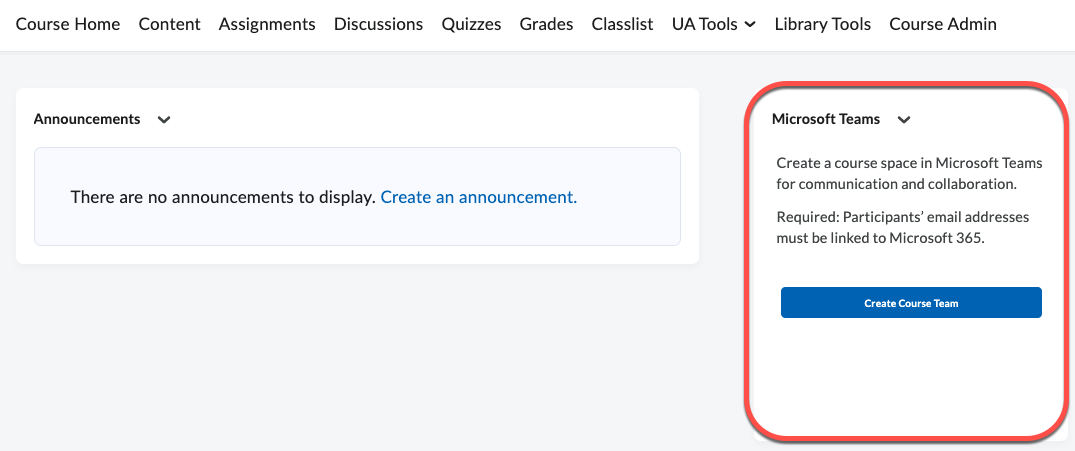 Microsoft Teams widget on the right side of the Course Home showing a "Create Course Team" button