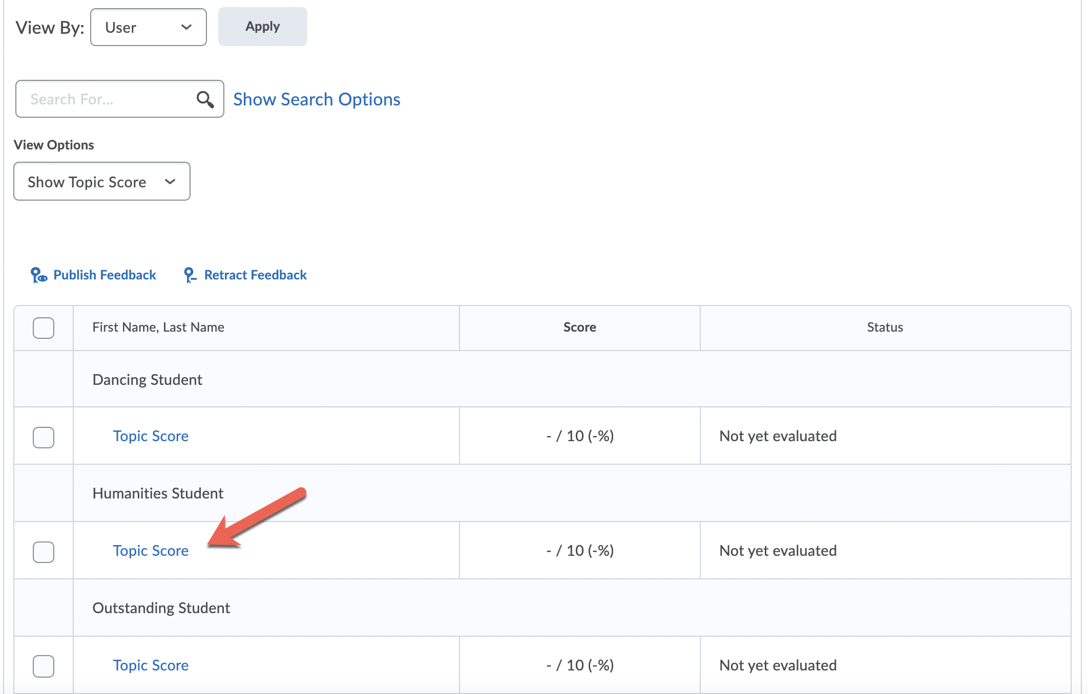 Topic Score Link to access a student's Discussion posts