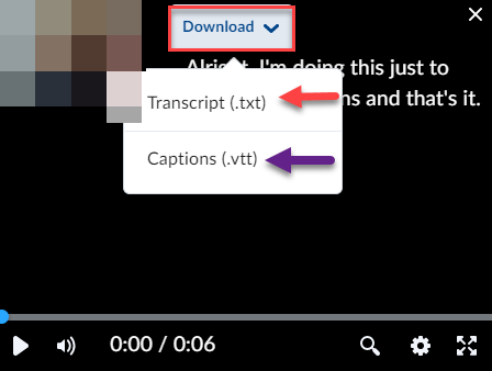 Transcript above Captions in Download menu