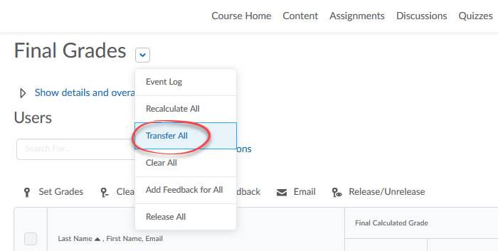 Image of context menu of Final Grades with Transfer All selected