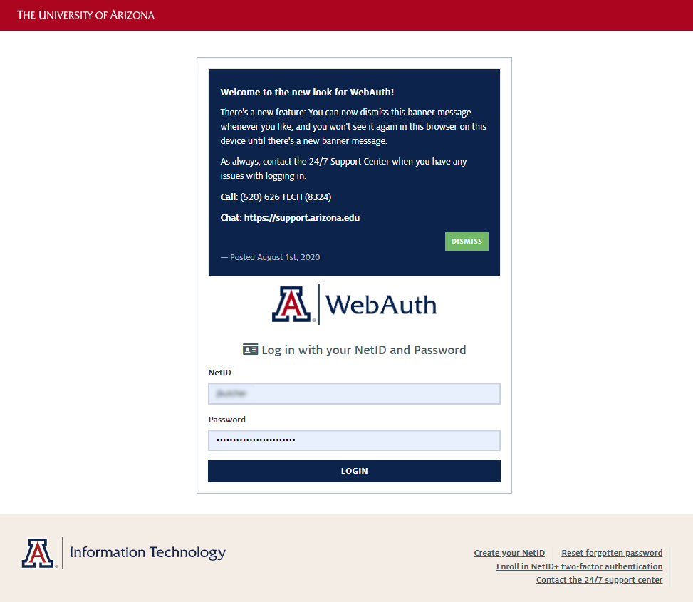 UA WebAuth Screen