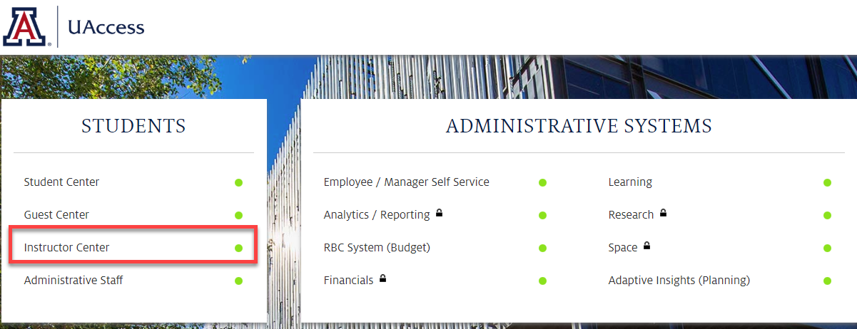 UAccess login screen with Instructor Center circled in red.