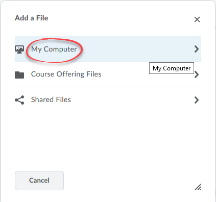 Image of Add file options, My compter, Coruse offering files, Shared files