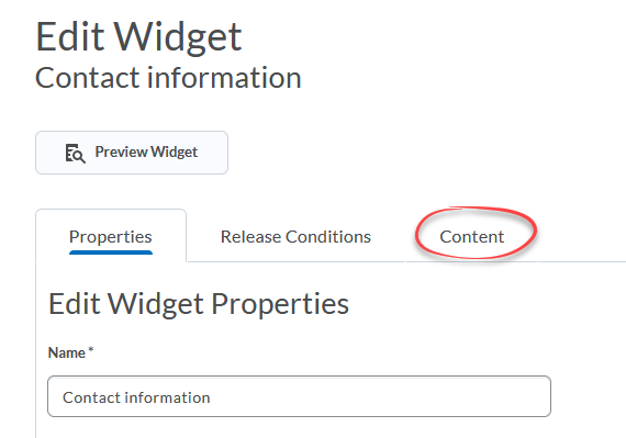 Edit Widget screen with the Content tab circled in red.