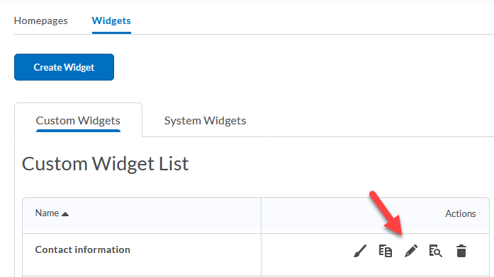 Widgets screen with a red arrow pointing to the pencil icon (Edit) next to a widget.