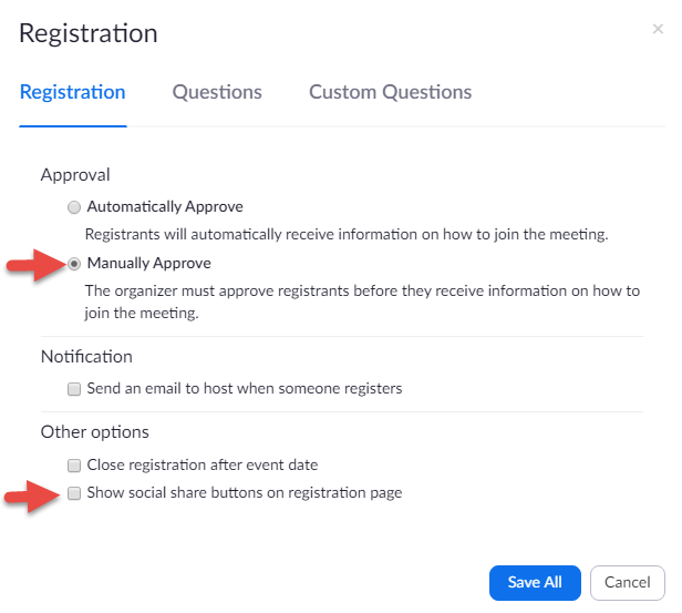 Zoom Registration Options