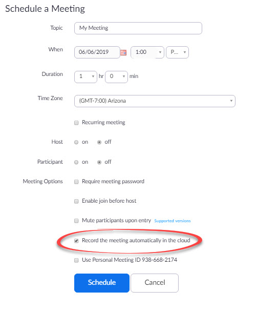 Zoom setting - record meeting automatically in the cloud