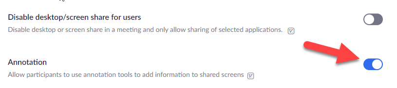 Red arrow pointing to the on/off toggle for Annotation.