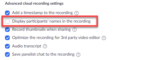 Circled option for "Display participants' names in the recording" in settings.