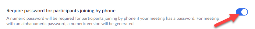 Shows the Zoom phone password setting toggled on.