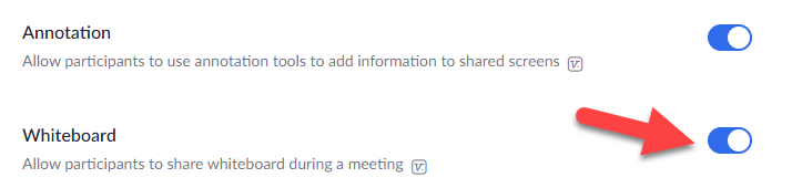 Red arrow pointing to on/off toggle for Whiteboard.