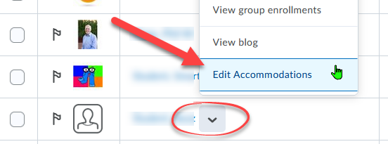 Screenshot of the classlist showing the down arrow next to the student clicked and the Edit Accommodations option selected.